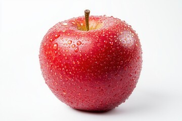 Poster - Fresh juicy red apple covered in water droplets showcasing crispness and hydration close up on white background
