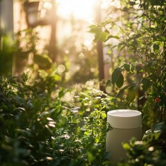 Aufkleber - Serene botanical garden scene lush green foliage dappled sunlight highlighting a simple container fresh ambience peaceful mood