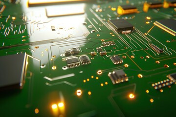 Fototapete - Detailed Green Circuit Board High Tech Close Up Microchip Electronic System Modern Technology