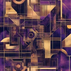 Aufkleber - Abstract Geometric Composition with Gold Lines on Deep Purple Backdrop Evoking Art Deco Style
