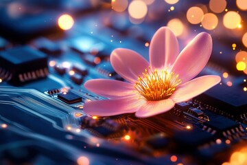 Fototapete - Artistic concept showcasing the fusion of nature and technology a flower on the electronic circuit board