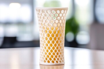 Poster - Elegant crafted vase with intricate lattice pattern translucent orange liquid on bright table