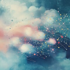 Aufkleber - Abstract network communication on dreamy blue canvas with pastel highlights and connecting lines design