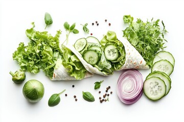 Aufkleber - Fresh Wraps with Vegetables and Basil Arrangement on White Backdrop Studio Top View Food Photography