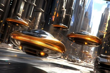 Poster - Futuristic metropolis aerial traffic golden cars hover across urban cityscape future vision cinematic effect