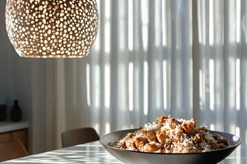 Poster - Rice dish on table with sunlight through curtains delicious aroma creates inviting and cozy atmosphere perfect for healthy meal
