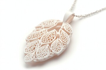 Poster - Delicate ivory leaf pendant necklace with intricate floral detail artistic jewelry macro view