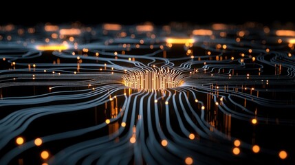 Fototapete - Electronic circuit board with glowing connections network background futuristic data transfer system