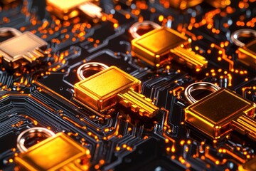 Fototapete - Cyber Security Padlock and Key Concept Digital Data Protection with Circuit Board Tech Background