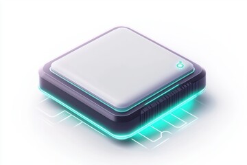 Poster - Isometric Illustration of Modern Processor with Turquoise Lighting on White Background High Tech