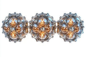 Poster - Three decorative metal spheres in row, with a polished finish, futuristic design, and warm, inviting glow against clean white backdrop