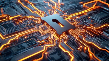 Fototapete - Secure digital technology background shows circuit board design with keyhole for safety online and data protection concept