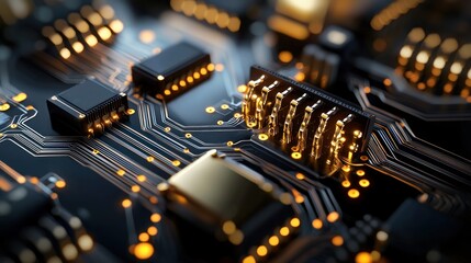 Poster - Intricate details of electronic circuit board components with golden conductors in a macro studio shot