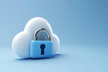 Poster - Blue Padlock Securing White Cloud Digital Data Protection Concept with Light Blue Background Studio Shot