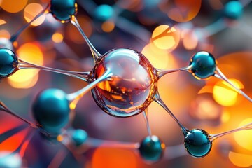 Poster - Futuristic molecular structure with vibrant teal and orange bokeh lights scientific visualization