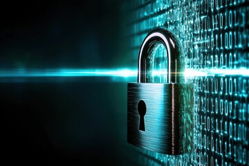 Poster - Conceptual cybersecurity protection with a metal padlock on digital binary code background security theme