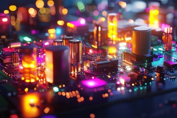 Poster - Futuristic illuminated motherboard showcasing vibrant digital circuit patterns and innovative technology