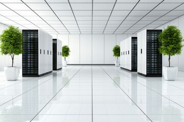 Poster - Modern Data Center Server Room Interior View with Plants Clean White Servers Architecture Perspective