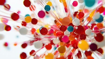 Poster - Abstract composition vibrant spheres connected by transparent rods against white background creative art