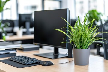 Poster - Modern Office Space With Computer Screen Keyboard Plant Provides Calmness And Sophistication To The Workplace