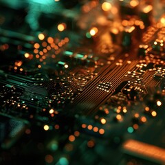 Fototapete - Futuristic circuit board illuminated by shimmering orange and teal lights in a high tech background