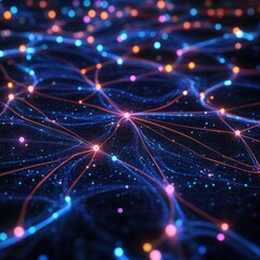 Poster - Dynamic Data Network with Connected Luminous Dots and Lines in Red and Blue Colors Abstract Visual