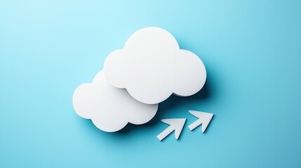 Poster - White Paper Clouds and Arrows on Light Blue Background Representing Cloud Computing and Growth Concept