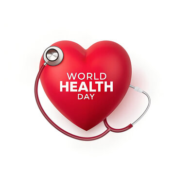 Red Heart with Stethoscope Celebrating World Health Day Awareness background.Red heart adorned with a stethoscope and 'World Health Day' text emphasizing health awareness.