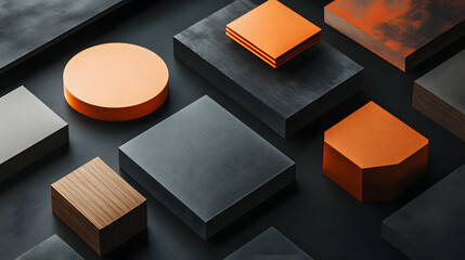 Fototapete - Abstract geometric blocks on black background, 3d render