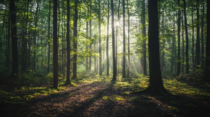 Sunlit Forest Path: The sun's rays pierce through the dense canopy, illuminating a forest path and creating a serene atmosphere that invites exploration and introspection.