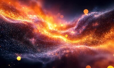 Poster - An abstract and artistic depiction of a glowing cosmic nebula with sparkling particles and swirling light.