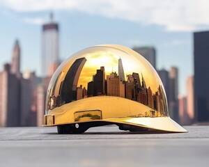 Poster - An artistic photo of a helmet reflecting the construction skyline