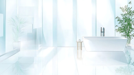 Poster - A serene, modern bathroom featuring a minimalist design, bright lighting, a freestanding tub, and greenery for a calming atmosphere