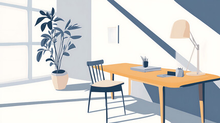 Fototapete - A modern workspace featuring a wooden desk, a chair, a lamp, stationery, and a potted plant, bathed in natural light and soft shadows