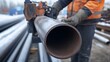 © Ariep - Close-up of a large metal pipe being handled by a worker in a construction site, showcasing the industrial nature of the job and the scale of the materials.