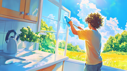 Aufkleber - A bright and cheerful scene of a person cleaning a window in a sunny kitchen, overlooking a lush landscape