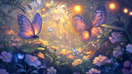 Poster - A serene and magical scene featuring vibrant butterflies amidst colorful flowers, illuminated by soft, glowing lights