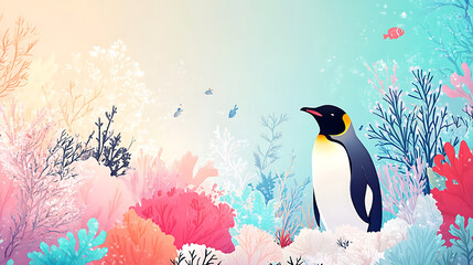 Poster - A vibrant illustration featuring a penguin surrounded by colorful coral and aquatic life in a whimsical underwater scene