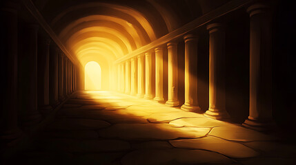 Poster - A dimly lit corridor with towering columns leads to a bright light at the end, creating a mystical and serene atmosphere