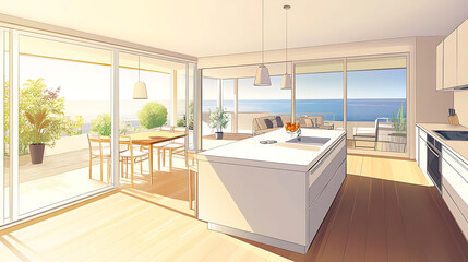 Poster - A bright, modern kitchen with large windows overlooking the ocean, featuring a dining area and stylish furnishings, creating an inviting and airy atmosphere