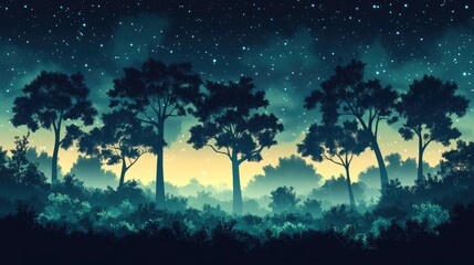 Night forest, starry sky, tranquil scene, nature wallpaper