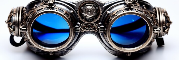 Poster - Close up of intricate robotic glasses design on white background highlighting details and elements