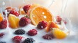 © Waseem - Juicy mixed berries and citrus fruits suspended in flowing milk splash, soft watercolor texture, vibrant hues, artistic fluid motion, dreamy pastel tones.