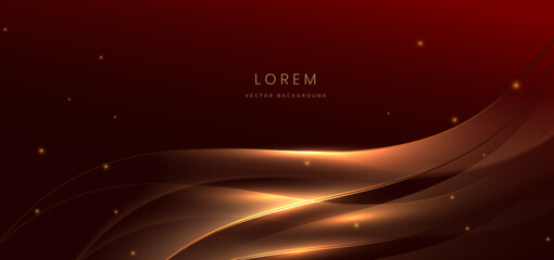 Wall Mural - luxry red curved lines and gold wave lines on dark red background and lighting effect sparkle.