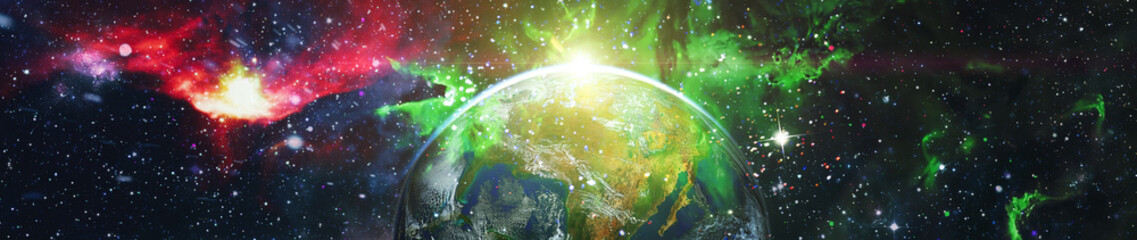 Wall Mural - earth illuminated by a shining sun with a dynamic green and red nebula in star-filled space. element