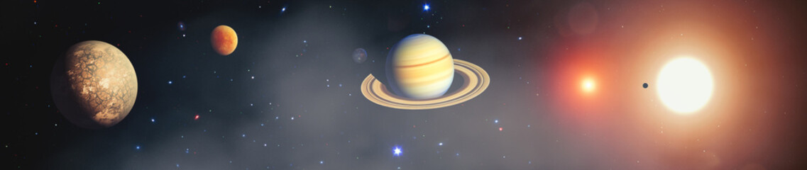 Wall Mural - solar system featuring multiple planets, saturn's rings, and radiant suns in a starry universe. elem