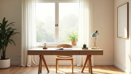 Poster - a bright, inviting home office workspace with natural light, minimalist decor. Includes desk, chair, plants