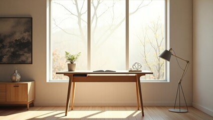 Poster - interior design of a modern home office with a big window. The desk is made of wood, and there is a plant