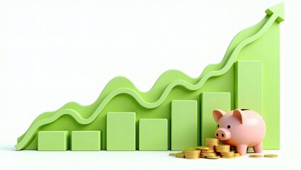 Aufkleber - a pink piggy bank and a green rising graph with coins, concept of financial growth and saving