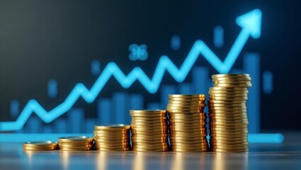 Poster - stacks of golden coins in front of an upward trending arrow, symbolizing financial growth and success